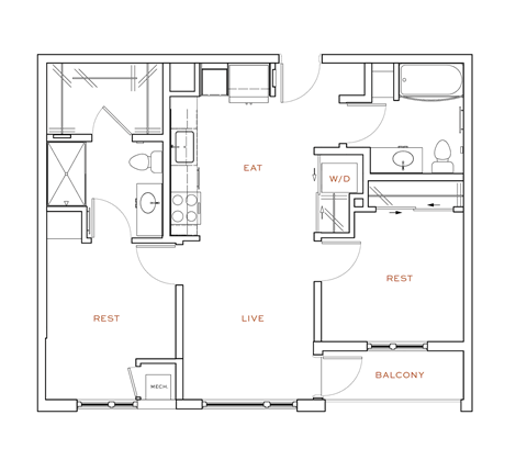 A floor plan of an apartment with labeled rooms such as
